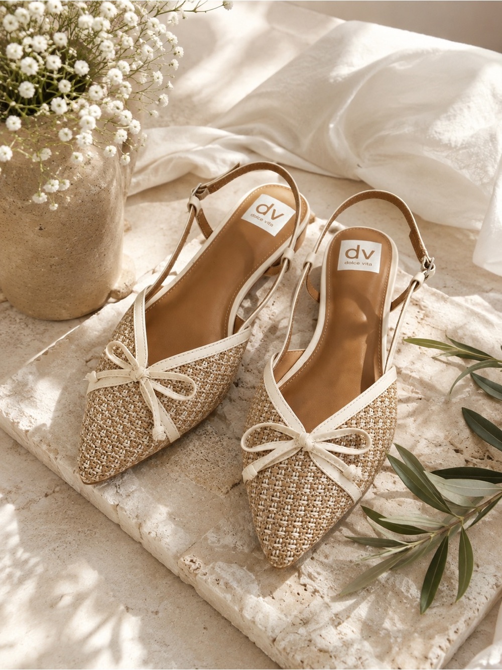Dolce Vita Beige Woven Pointed-Toe Slingback Flats with Bow - Picture 1 of 6